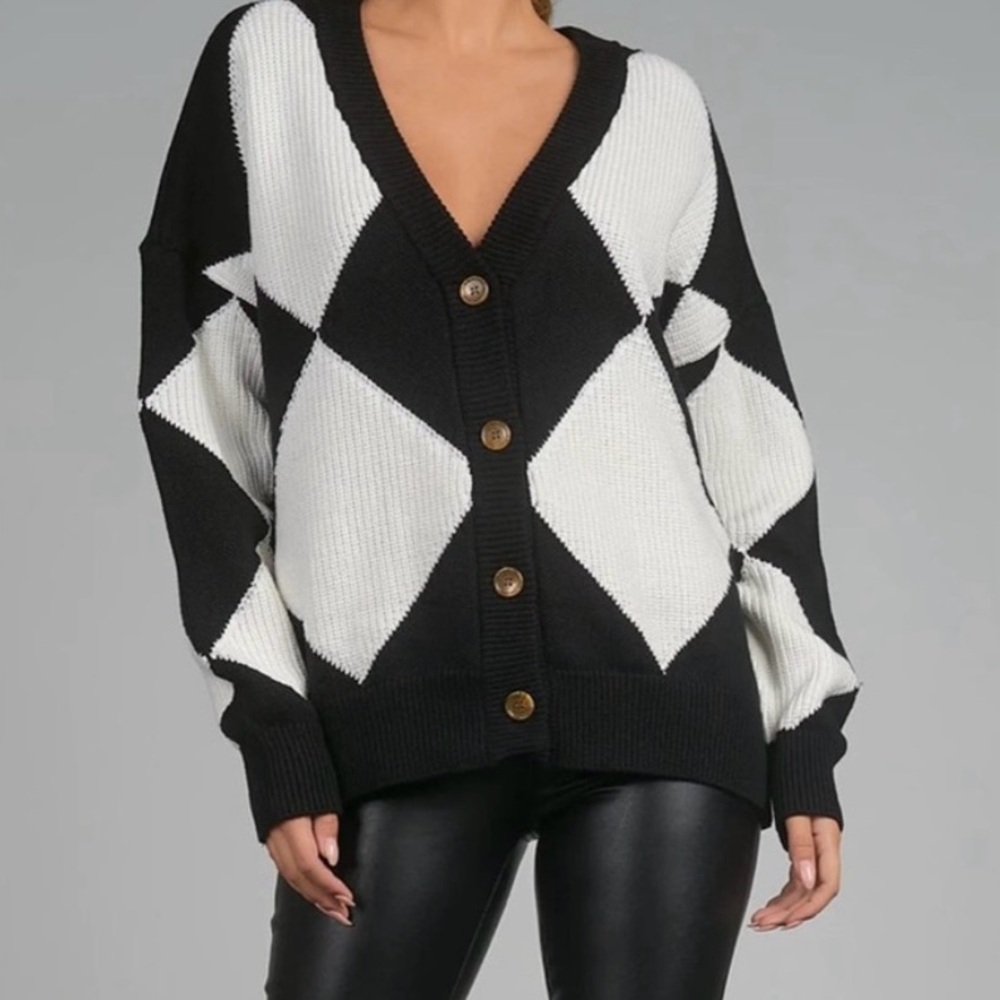 NWOT Elan Black and White Diamond Pattern Cotton Sweater Cardigan Women’s Size M